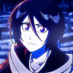 an anime character with blue eyes and black hair, wearing a white collared shirt