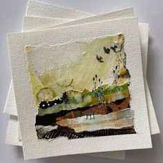 three pieces of paper that have been altered to look like paintings on white paper with birds flying over them