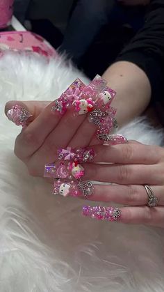 Hello Kitty Nails Acrylic 3d, Pink And White Junk Nails, Pink Nails With Hello Kitty Charms, Nail Inspo Junk Nails, Yk2 Nails Hello Kitty, Kawaii Hello Kitty Nails, Nails With Charms Hello Kitty, Junk Nails Hello Kitty, Hello Kitty Nail Charms