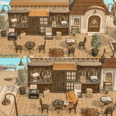 an image of a small town with tables and chairs in the middle of two pictures