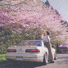 a woman standing on the back of a white car in front of cherry blossom trees