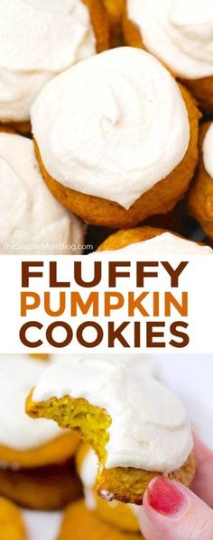 a person is holding a frosted pumpkin cookie in front of some other desserts