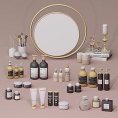 an assortment of skin care products displayed in front of a white plate with gold trim