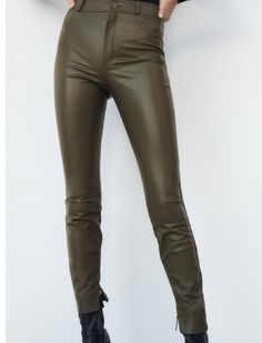 High Waisted Leggings With Back Patch Pockets, Front Zip And Metal Button Closure, Zipper At Hem Waist 17" Inseam 29" Color: Dark Khaki Thick Winter Leggings, Green Leather Pants, Coated Leggings, Elastic Waist Leggings, Snakeskin Leggings, Black Leather Leggings, Textured Leggings, Vegan Leather Leggings, Black Faux Leather Leggings