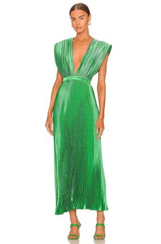 100% poly.  Made in Indonesia.  Hand wash.  Unlined.  Hidden back zipper closure, Adjustable back strap.  Pleated satin fabric.  Shoulder seam to hem measures approx 55" in length.  .  .  .  .  .  .  .  .  . Gala Gown, Dress Code Wedding, Green Dress Casual, Guest Attire, Wedding Attire Guest, Green Midi Dress, Fashion Help, Wedding Attire, Back Strap