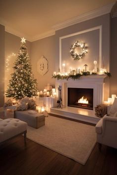 a living room filled with furniture and a christmas tree in front of a fire place