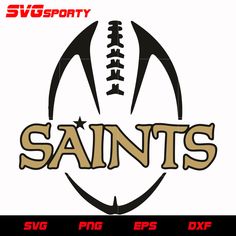 the saints football logo is shown in black and white with gold letters on it, as well as an image of a football