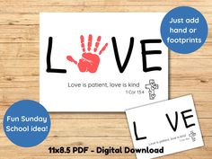 two cards with the words love and handprints on them