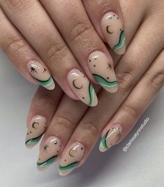 Nail For Boyfriend, Short Almond Nails Boho, Green Nail Art, Green Nail Designs, Summery Nails, Almond Nails Designs, Nails 2023, Nail Styles, Short Acrylic Nails Designs