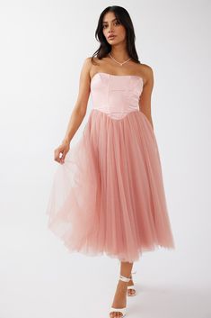 Rosemary Tulle Bustier Midi Dress Pink by Selfie Leslie Dresses For Big Bust, Bustier Midi Dress, Midi Dress Pink, Tulle Midi Dress, Ballet Core, Purple Midi Dress, Skirt Zipper, Bustier Dress, Mesh Skirt