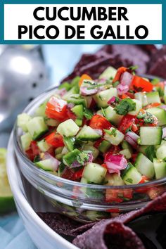 cucumber pico de gallo salad in a bowl with tortilla chips