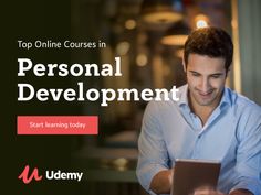 a man sitting at a table with a tablet in front of him and the words top online courses in personal development