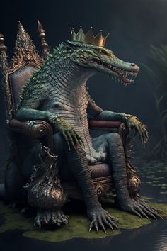 a large alligator sitting in a chair with a crown on it's head and legs