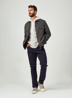 A staple in every well-dressed guy's wardrobe, this jacket is an essential you'll love. This lightweight, comfortable, and easy layering piece will be your go-to. Models are both 6'1" and wear a size medium. Care & Composition Machine wash cold, on Delicate Cycle Hang dry only Cool iron if needed 87% Polyester | 13% Elastane Black Shirt Jacket Outfit, Casual Fitted Utility Jacket With Lapel Collar, Winter Sport Coat With Welt Pockets In Relaxed Fit, Winter Sport Coat With Welt Pockets And Relaxed Fit, Winter Sport Coat With Relaxed Fit And Welt Pockets, Everyday Outerwear With Welt Pockets And Straight Hem, Everyday Outerwear With Straight Hem And Welt Pockets, Casual Fitted Outerwear With Lapel Collar, Fall Relaxed Fit Collared Sport Coat