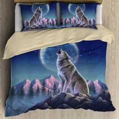 a bed with two wolfs on it and the moon in the sky above them