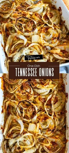 a casserole dish with onions and cheese on top, in a white baking dish