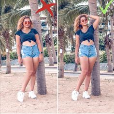 two pictures of a woman in shorts and crop tops posing next to a palm tree