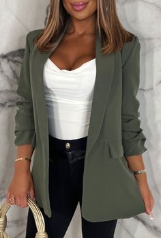 Khaki Blazer Christmas Party Outfit Casual, Party Outfit Casual, Recreate Outfits, Queen Style, Ruched Sleeve Blazer, Denim Essentials, Distressed Mom Jeans, Clothes Winter, Christmas Party Outfit