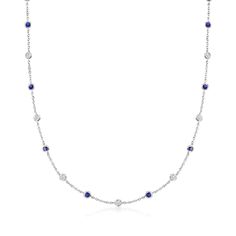 Ross-Simons - 2.50ct t. w. Cubic Zirconia, 2.30ct t. w. Simulated Sapphire Station Necklace. 18". Adorn your neckline with the serene color palette of white and blue. Dazzling 2.50 ct. t. w. round brilliant-cut CZs are complemented by cool 2.30 ct. t. w. round simulated sapphires. The bezel-set gems stream along a dainty cable chain. Crafted in polished sterling silver. Springring clasp, simulated sapphire and CZ station necklace. Carat weights are diamond equivalents. Sapphire birthstones are t Byzantine Necklace, Emerald Earrings Drop, Sapphire Birthstone, Indicolite Tourmaline, Turquoise Drop Earrings, Cz Pendant, Cz Stud Earrings, Station Necklace, Sapphire Necklace