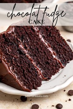 a slice of chocolate fudge cake on a plate