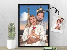 a couple is holding each other in front of the eiffel tower with their photo