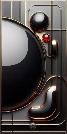 an abstract black and gold design with red buttons