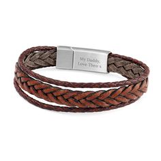 A timeless accessory that perfectly encapsulates class, elegance and style, our exquisitely crafted Personalised Men's Woven Layered Brown Leather Bracelet will make an excellent gift for him, whatever the occasion - whether he’s celebrating a special birthday or you’re looking to surprise him for Valentine’s or Christmas. Its warm, earthy tones and woven design add a touch of charm to any ensemble, effortlessly elevating both formal and casual outfits. Whilst the stainless steel clasp ensures his wristwear is always secure wherever he goes. This sensational piece of jewellery will come beautifully showcased in a black presentation box, making it perfect for gifting. Personalise with a message, which will be engraved on the inside of his bracelet - meaning it’ll be a personal message betwe Leather Bracelets For Men, Layered Bracelet, Bracelets With Meaning, Brown Leather Bracelet, Man Weave, Woven Bracelet, Stylish Bracelet, Woven Bracelets, Leather Weaving