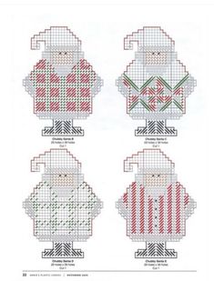 four cross stitch christmas ornaments in different colors