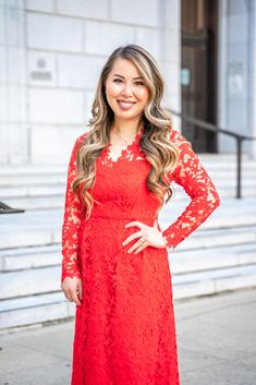 We can't stop gushing over this beautiful red lace dress made for us petites!. It features ~21 inches sleeves (perfect for us fun size), back zipper, sweet heart lining, and beautiful lace fabric. The dress has no stretch so stay true to your size. Pair this gorgeous dress with your favorite heels for this holiday! Color: Red Fabric: 100% Polyester Runs fitted. We recommend sizing up. Color may vary based on lighting Size chart Length of dress = 44" starting at small Bust measurements XXS = 30-3 Elegant Red Lace Midi Dress, Red Fitted Lace Midi Dress, Knee-length Stretch Lace Midi Dress, Red Lace Knee-length Dress For Spring, Red Lace Knee-length Mini Dress, Petite Midi Dress, Small Bees, Fun Size, Red Lace Dress