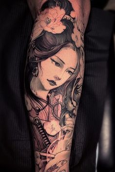 Geisha Tattoo.. Geisha Tattoo Sleeve, Female Samurai Tattoo, Tato Geisha, Japanese Geisha Tattoo, Geisha Tattoos, Samurai Tattoo Sleeve, Geisha Tattoo Design, Tattoo Placements, Geisha Tattoo