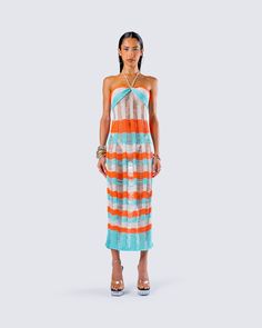 A knit moment is always a slay 🧡 Leave a little bit to the imagination, while also staying comfy in this midi dress - Made from an open knit, and complete with adjustable straps, striped colors, and a fitted strapless style, making it the perfect look for all your summer activities 😏 Leave little to the imagination -- dress is sheer & undergarments are not included 👀 Striped Knit Dresses For The Beach, Striped Knit Beach Dresses, Knit Spaghetti Straps Beach Dress, Chic Striped Knit Dresses, Knit Midi, Cargo Pant, Knit Midi Dress, Open Knit, Summer Activities