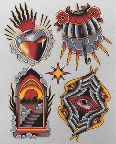 some tattoos that are on the back of a white paper sheet with red and yellow designs