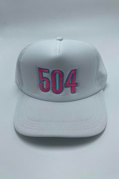 504 Area Code | Bella Lucca Exclusive Custom Embroidered Trucker Hat Trucker Hats With Sayings, Cheap Trucker Hat With Letter Print For Streetwear, White Trucker Hat With Letter Print And Flat Brim, White Trucker Hat With Letter Print, White Snapback Hat With Letter Patch, Embroidered White Trucker Hat With Flat Bill, White Trucker Hat With Embroidered Logo For Spring, White Embroidered Trucker Hat, White Snapback Trucker Hat With Letter Embroidery