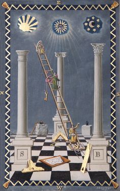 an illustration of a ladder leading up to the top of a checkerboard floor