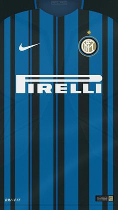 the shirt is blue and black with white stripes on it's chest, which reads inter