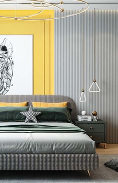 a bedroom with yellow walls and grey bedding, an art work on the wall