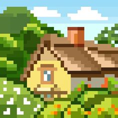 an image of a pixel art house in the middle of some trees and bushes with a sky background