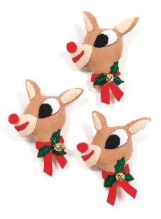 three christmas reindeer head brooches with bells and bows