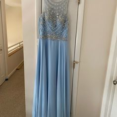 Sky Blue A-Line/Princess Floor Length Dress Blue Chiffon Evening Dress For Banquet, Blue Floor-length Chiffon Dress For Banquet, Blue Chiffon Floor-length Dress For Banquet, Blue Chiffon Evening Dress For Prom, Blue Prom Dress With Illusion Neckline, Blue Evening Dress With Sheer Bodice For Prom, Blue Chiffon Evening Dress With Fitted Bodice, Blue Chiffon Dress For Prom Season, Blue Sheer Bodice Dress For Prom