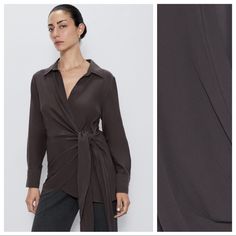 Nwt. Zara Cotton Gray Lapel Collar Blouse With V-Neckline, Long Sleeves, Asymmetric Hem, Front Knot Closure. Size Xs. Ref. 7563/249. Pit To Pit 20" Flat, Shoulders 16", Sleeves 23", Length 30". 1009. Elegant V-neck Wrap Top For Work, Elegant V-neck Blouse For Layering, Elegant Spring Wrap Top For Layering, Elegant Wrap Top For Spring Layering, Elegant Wrap Top For Layering, Chic V-neck Blouse For Layering, Elegant Surplice Neckline Blouse For Night Out, Elegant Fitted Blouse With Surplice Neckline, Elegant Asymmetrical Blouse For Fall