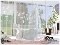 a bedroom with sheer curtains and birds flying over the bed