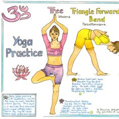 a woman doing yoga poses with the words tree, triangle forward and yog practice