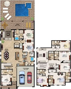 two story house plans with swimming pool and living room in the middle one floor plan