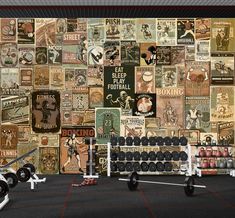 there are many different types of gym equipment in this room that is decorated with vintage sports posters