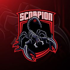 the scorpion logo is shown on a dark background with red and black stripes around it