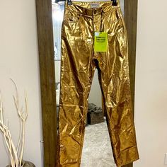 New Year’s Pants! Never Worn Trendy High Waist Gold Pants, Casual Fitted Gold Pants, Gold Fitted Casual Pants, Trendy Gold Wide Leg Pants, Trendy Gold Wide-leg Bottoms, Gold Fitted Straight Pants, Metallic Straight Leg Pants With Five Pockets, Spring Stretch Gold Pants, Spring High Waist Gold Pants