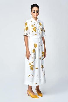 Ivory dress with dainty leaves applique work, bead embroidery, side pleats and side concealed pockets. - Aza Fashions Side Pleated Dress, Japanese Crepe, Japanese Crepes, Applique Work, Ivory Dress, Beaded Collar, Ivory Dresses, Bead Embroidery, Women Dresses