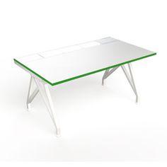 a white table with green trim on top