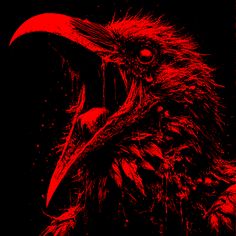 a black and red image of a bird with large beaks, long necked feathers, and sharp teeth