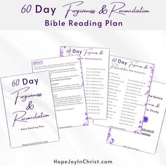 the 60 day progress and presentation bible reading plan is shown in three different colors, including purple